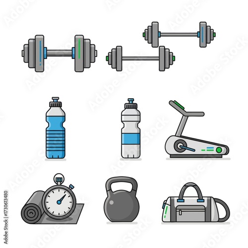 Get fit with this collection of essential workout gear, dumbbells, water bottles, a treadmill, timers, yoga mat, kettlebell, and gym bag for a healthy lifestyle