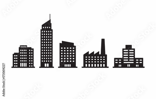 Diverse silhouettes of modern buildings and industrial structures against a white background.