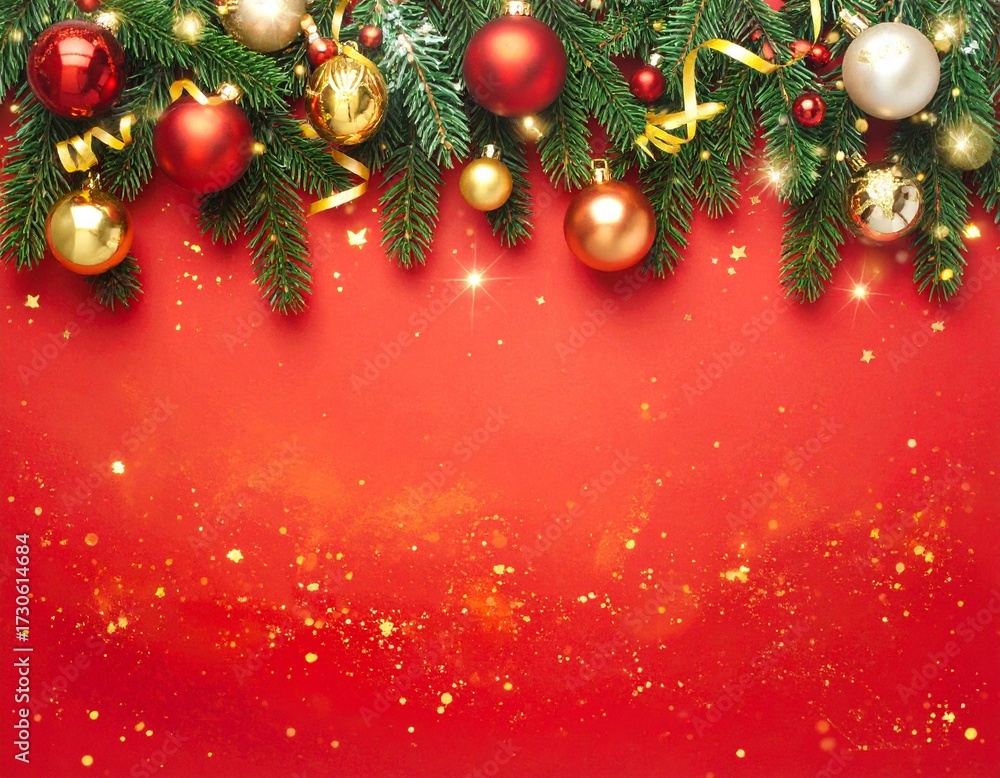 Naklejka premium Christmas Background with Fir Branches, Ornaments, and Candy Canes on Red