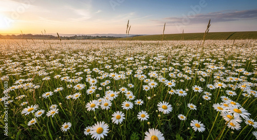 Wallpaper Mural Breathtaking field of white daisies bathed in the golden light of a gentle dawn, where the sky's soft hues gracefully blend across the tranquil horizon, creating a peaceful scene Torontodigital.ca