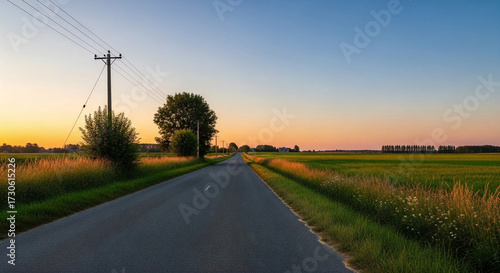 Wallpaper Mural A peaceful rural road stretches through green fields at sunset, blending into the warm horizon. This open path invites a tranquil, sweeping journey under a beautiful sky Torontodigital.ca