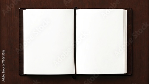 Open blank book with white pages on a dark wooden surface