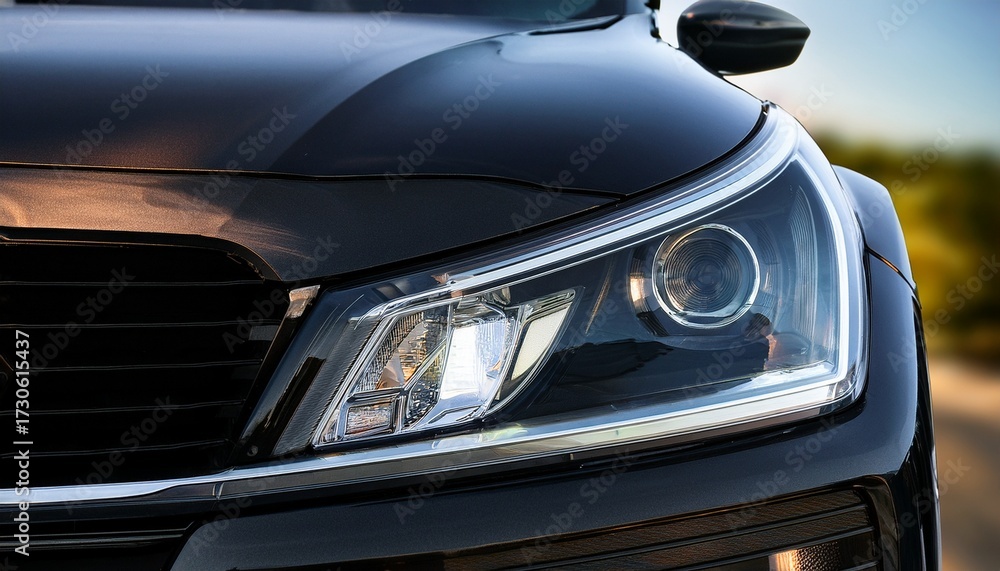 Fototapeta premium closeup on the headlight of a generic and unbranded black car