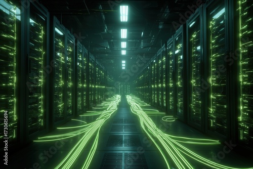 High-tech data center with glowing green light trails illustrating data flow at night