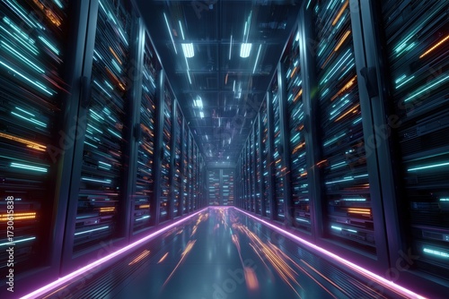 Modern data center with illuminated server racks and glowing pathways in a technological environment
