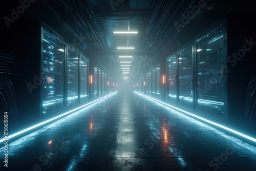 Dimly lit corridor with glowing blue lights in a futuristic data center during nighttime