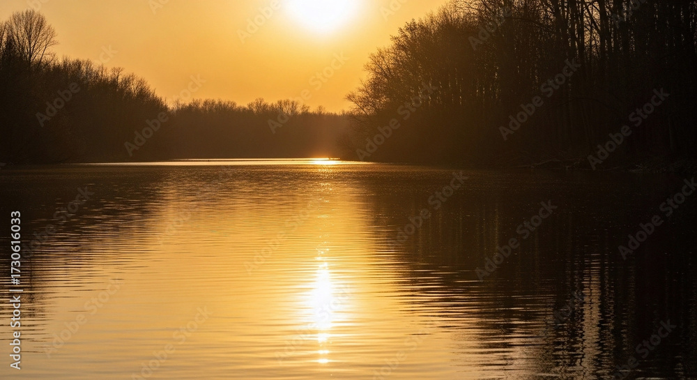 Obraz premium A serene golden hour over a tranquil river, with the sun's reflection shimmering on the calm water surface