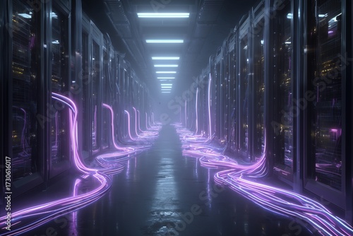 Data center technology features illuminated cables in a modern corridor at night showcasing advanced infrastructure