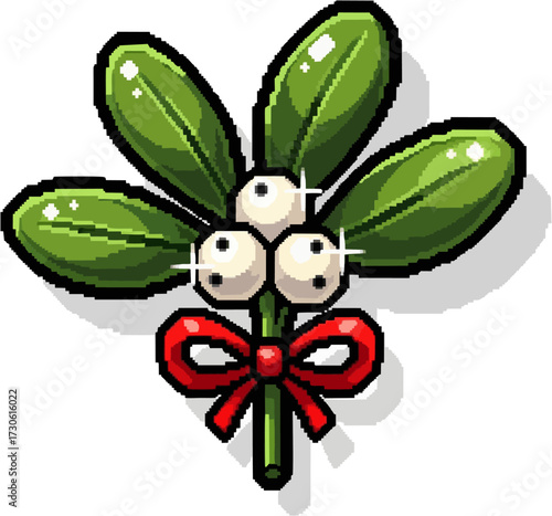 Cartoon mistletoe with green leaves, white berries, and a red ribbon bow, casting a shadow.