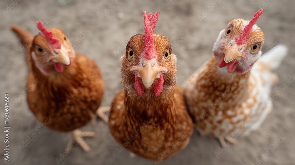 Fototapeta premium Three Curious Chickens with Red Combs and Soft Feathers Staring at the Camera in a Farmyard Setting Under Natural Lighting