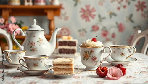 Whimsical tea party scene with mismatched teacups and cake,   setting,   event