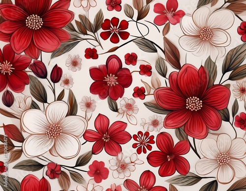 seamless pattern showcasing tiny red and white flowers repeated infinitely on a white canvas evoking spring and summer vibes illustrated with stock images