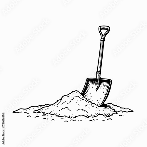 Shovel resting in a pile of dirt on white background  