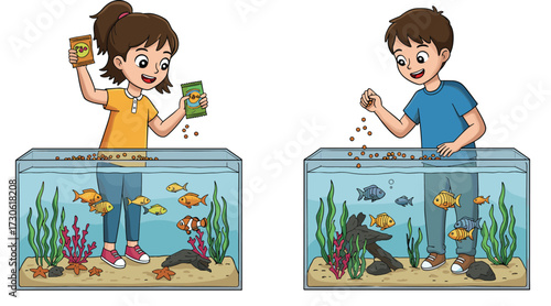 Children feeding fish in aquariums, girl and boy caring for pets, colorful aquatic plants, starfish, home aquarium care,