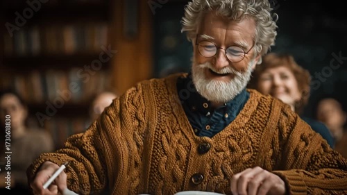 Elderly man with glasses and a beard smiles warmly in a classroom