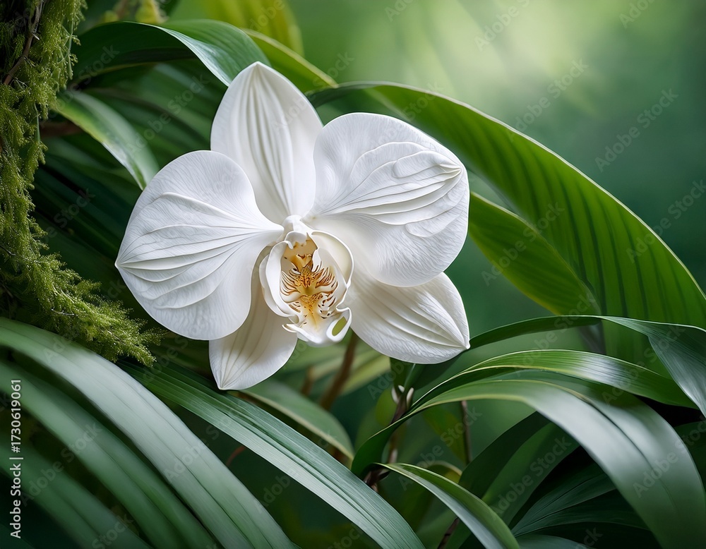 Obraz premium white orchid nestled among lush greenery on white branch foliage greenery