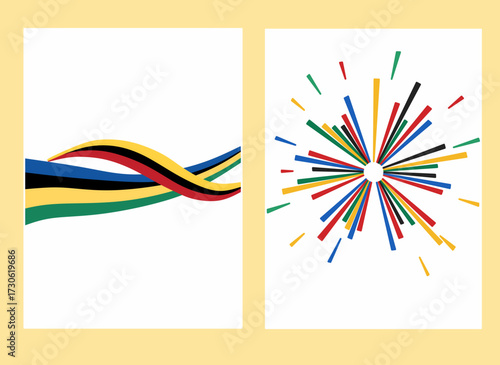 Vector set featuring vibrant, abstract designs: flowing ribbons and an explosive starburst, both using primary colors associated with global unity and competition. Ideal for international events or sp