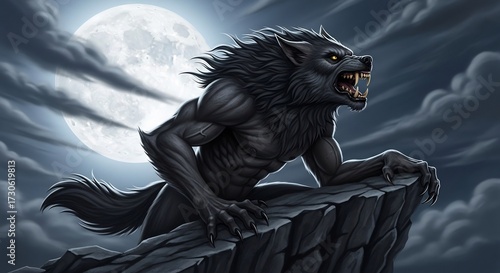 Werewolf atop crag under full moon Beast snarls fur bristling poised for an unseen threat amid cloudy backdrop