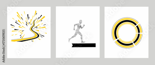 Set of three dynamic vector graphics for sport, fitness, and achievement: a running figure, an explosive road, and a progress circle. Ideal for marketing and motivation.
