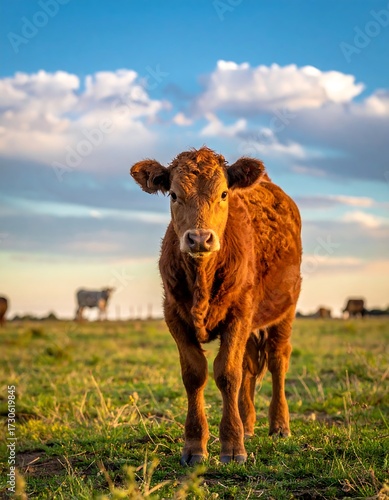 Calf in a grassy field at sunset