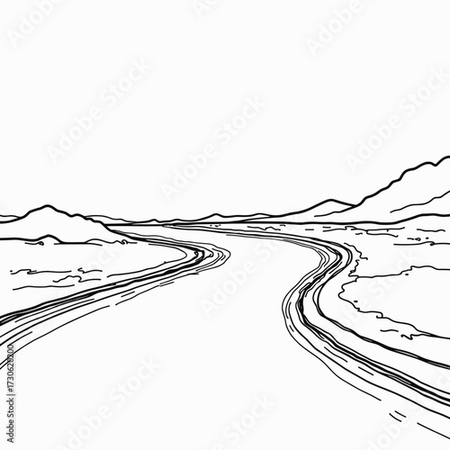 Hand-drawn landscape with winding road and mountains in distance  