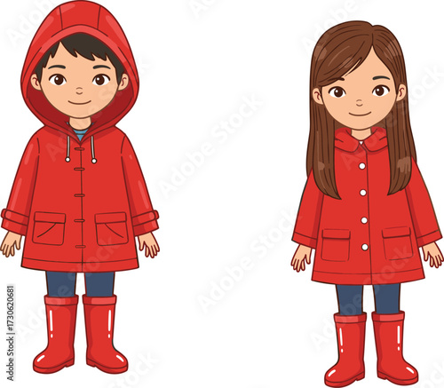 Cartoon Children Wearing Red Raincoats and Boots, Standing Outdoors in Wet Weather, Cute Kids Dressed for Rainy Day Adventure