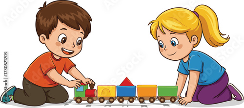 Children Playing with Colorful Toy Train Indoors, Happy Kids Sitting on Floor Engaged in Fun Learning Activity and Creative Playtime Together