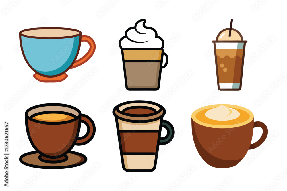 Obraz premium Cartoon Coffee Drink Icons – Espresso, Latte, Iced Coffee, Cappuccino, Flat White