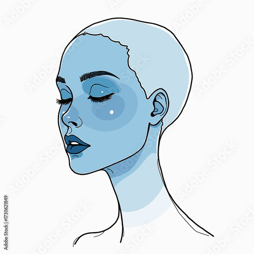 Abstract illustration of serene woman with blue tones and closed eyes  