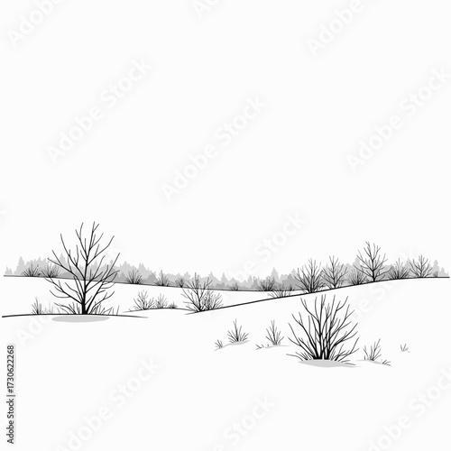 Winter landscape with bare trees and snow-covered hills  
