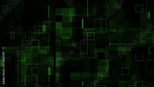This video shows a dark green abstract background with intersecting lines and square shapes, creating a digital grid pattern with subtle light and shadow effects