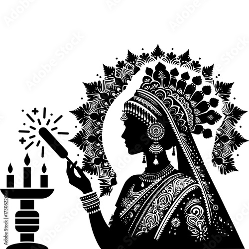 "Indian woman silhouette in traditional saree with diya and sparkler, festival celebration design, Karwa Chauth Diwali vector art"
