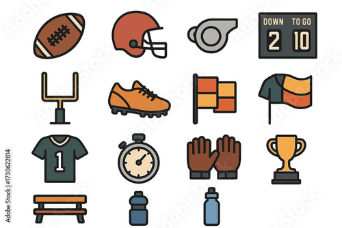 American football icon set: helmet, whistle, goalpost, trophy, stopwatch, flag, cleats, gloves