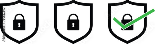 Art of three shields with locks, one with a checkmark