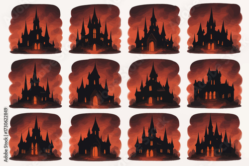 Collection of dark gothic castles silhouetted against fiery red skies