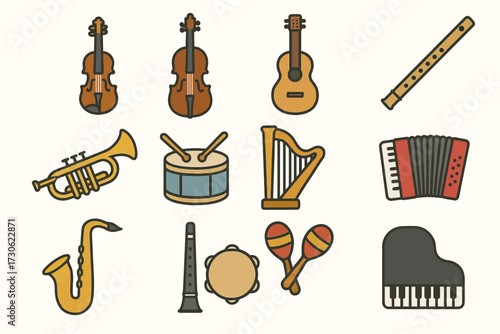 Colorful collection of musical instruments featuring strings and percussion