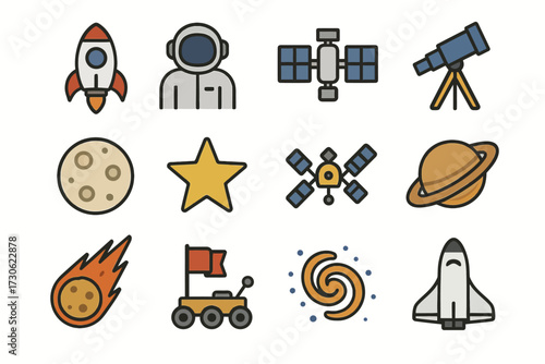 Colorful space icons featuring rocket, astronaut, and telescope illustrations