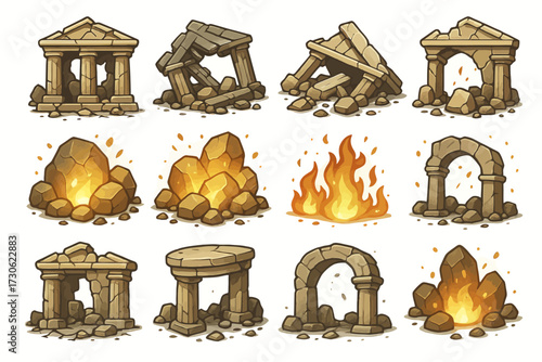Ancient ruins and glowing crystals: fantasy stone structures and flames