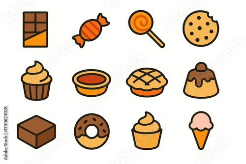 Illustrated assorted desserts icon set: chocolate, candy, lollipop, cookie, cupcake, pie, pudding, brownie, donut, ice cream