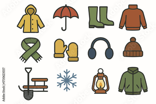 Winter clothing and accessories icons: jacket, umbrella, boots, scarf, mittens, ear muffs, sled, snowflake, lantern, warm hat