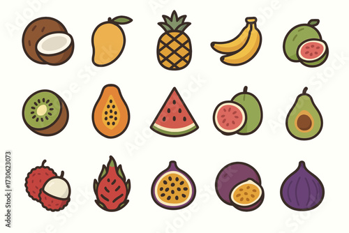Colorful cartoon icons of diverse tropical fruits variety