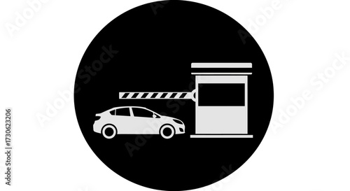 A white car approaches a toll booth with a raised barrier, depicted in a black circle.