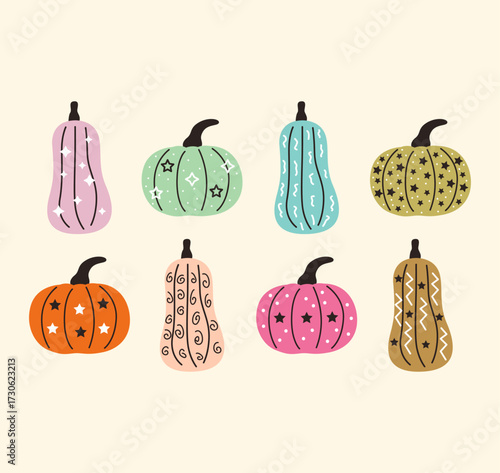 Illustration of various pumpkins on a light pink background.