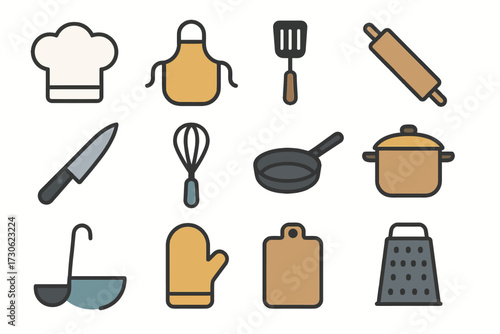Colorful kitchen utensils icons: chef hat, rolling pin, knife, pan, apron