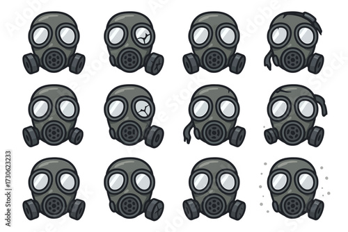 Various cartoon gas masks with unique features on white background
