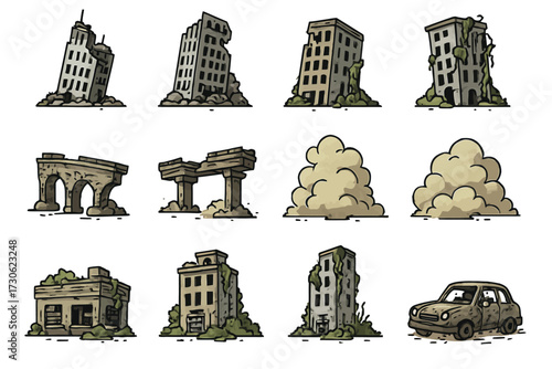 Cartoon post-apocalyptic buildings and vehicle covered in vines and debris