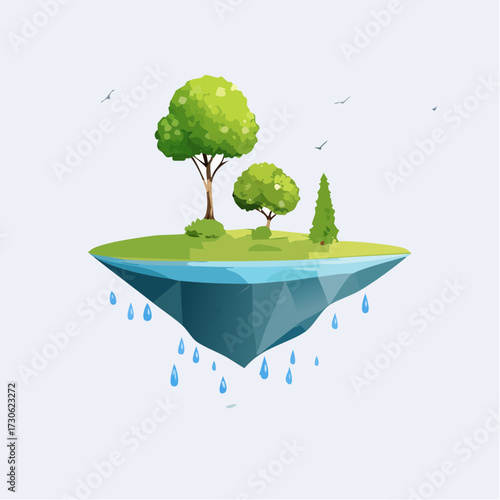 Floating island with green trees and clear water in a serene landscape setting