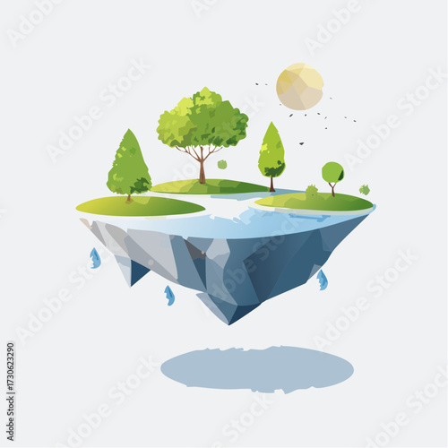 Floating island with green trees and clear water in a serene landscape setting