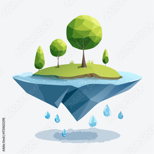 Floating island with green trees and clear water in a serene landscape setting