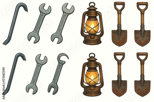 Collection of vintage tools: wrenches, lantern, crowbars, shovels